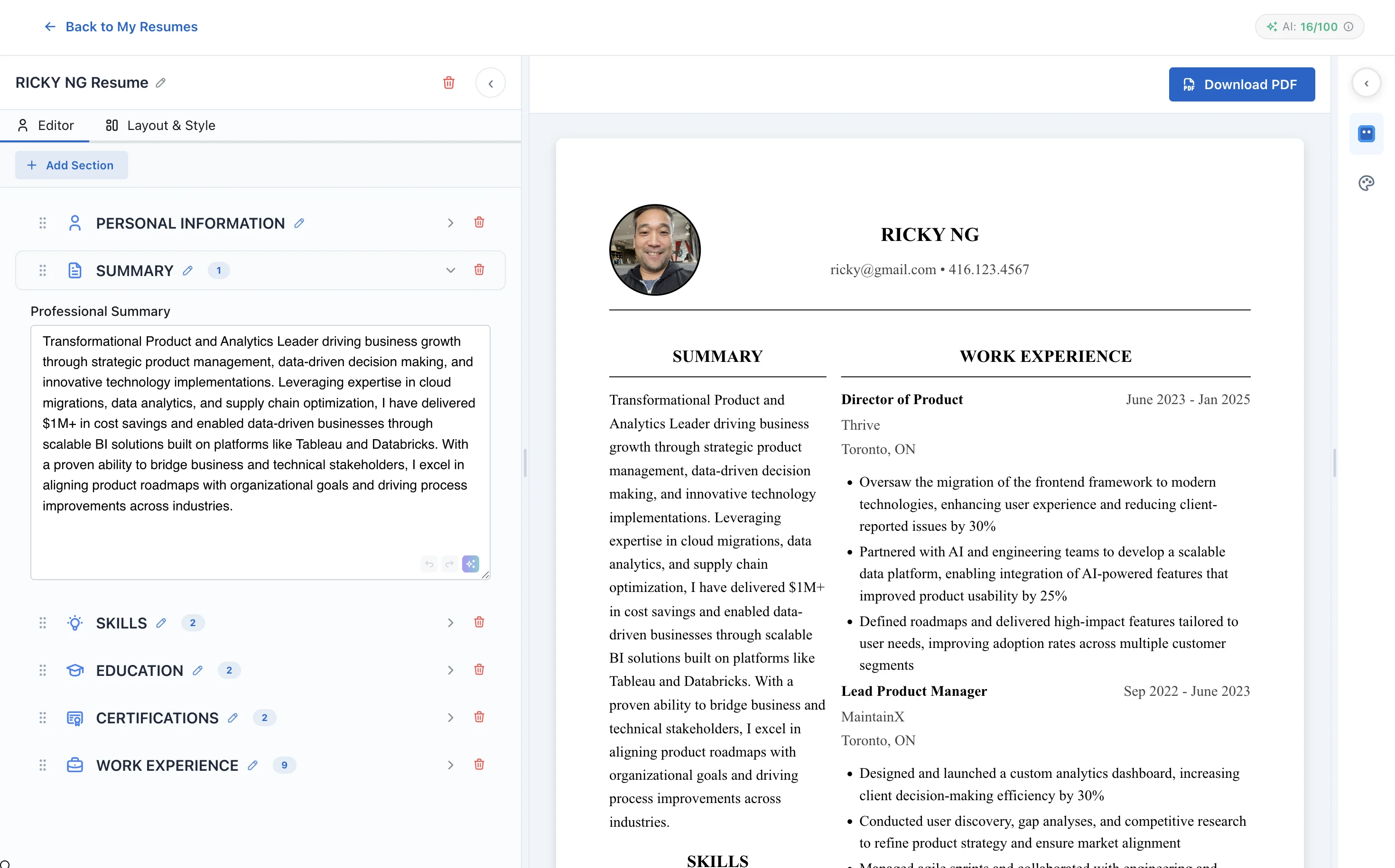 Resume builder demo preview